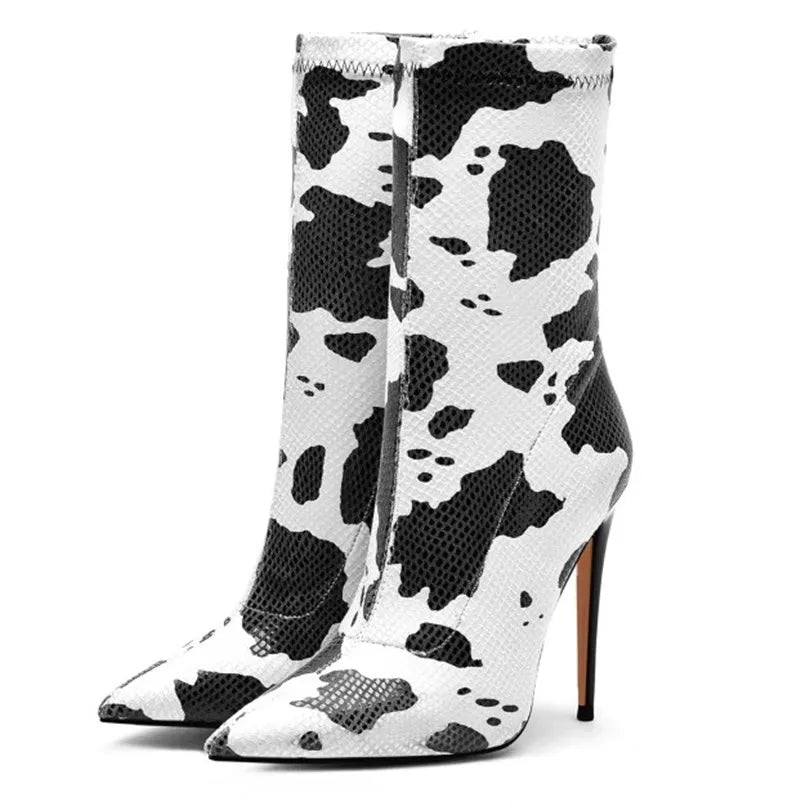 Black and White Cow or Newspaper Print Mid Calf Spike Heel Pointed Toe Short Boots