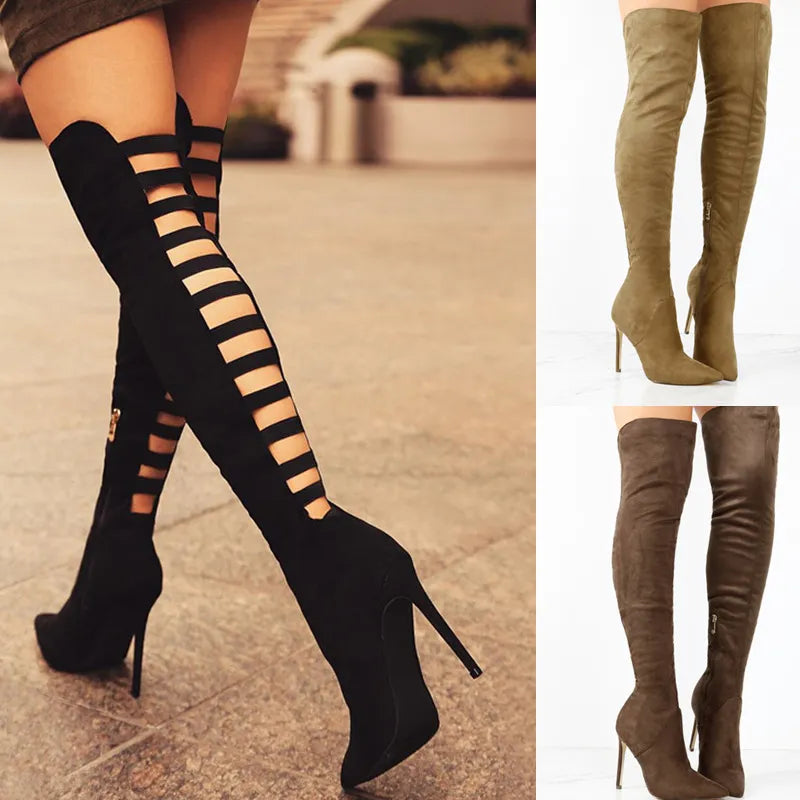 Ladder Cut - Over the Knee Stretch High Heel Boots