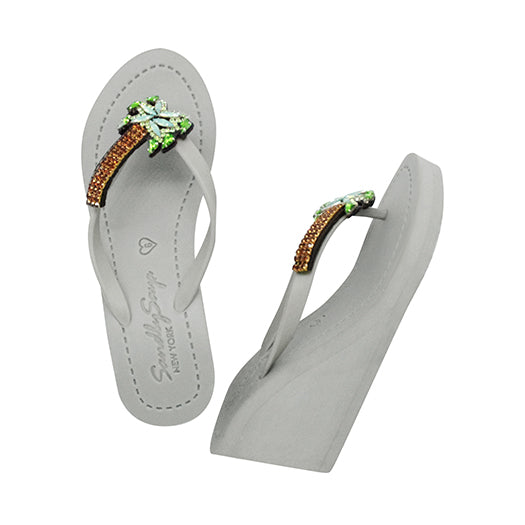 Palm Tree - Green Rhinestone Embellished Women's High Wedge Flip Flops Sandal