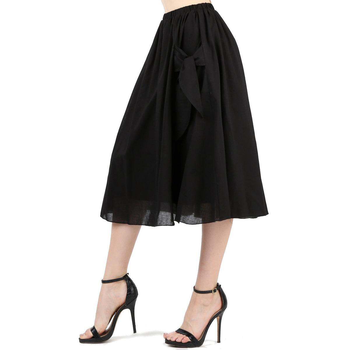 Evanese Women's Cotton Knee Length Skirt With Front Pockets & Ribbon