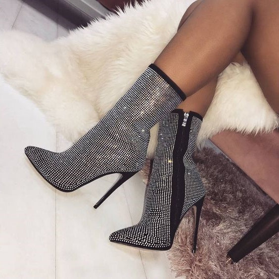 Rhinestone High Heels Ankle Stiletto Motorcycle Boots