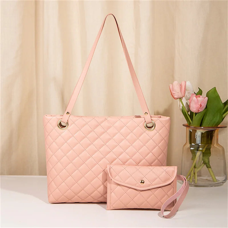 Women Rhombic Embroidery Handbag PU Leather Solid Color Fashion Tote Shoulder Bag