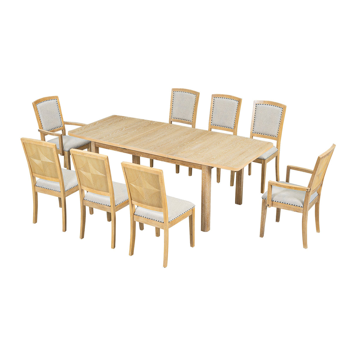 Rustic 84in Dining Table Set w/ 24in Removable Leaf 8 Upholstered Chairs