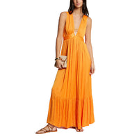 Morgan De Toi - Long Flowing Deep V Neck Dress in ORANGE