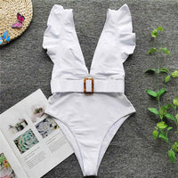 Old Money - Ruffled White Deep v One Piece Swimsuit Monokini