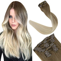 [16 Colors] 7 Pc Clip in Extensions, Human Hair 14-22" Double Weft Remy Hair