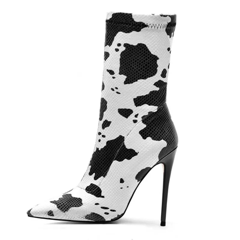 Black and White Cow or Newspaper Print Mid Calf Spike Heel Pointed Toe Short Boots