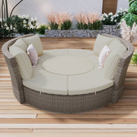 5-Piece Round Rattan Sectional Set All-Weather PE Wicker w/ Round Liftable Table