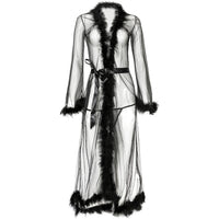 Feather Trimmed Sheer Long Robe w/ Satin Tie in Black, Red, White & Pink