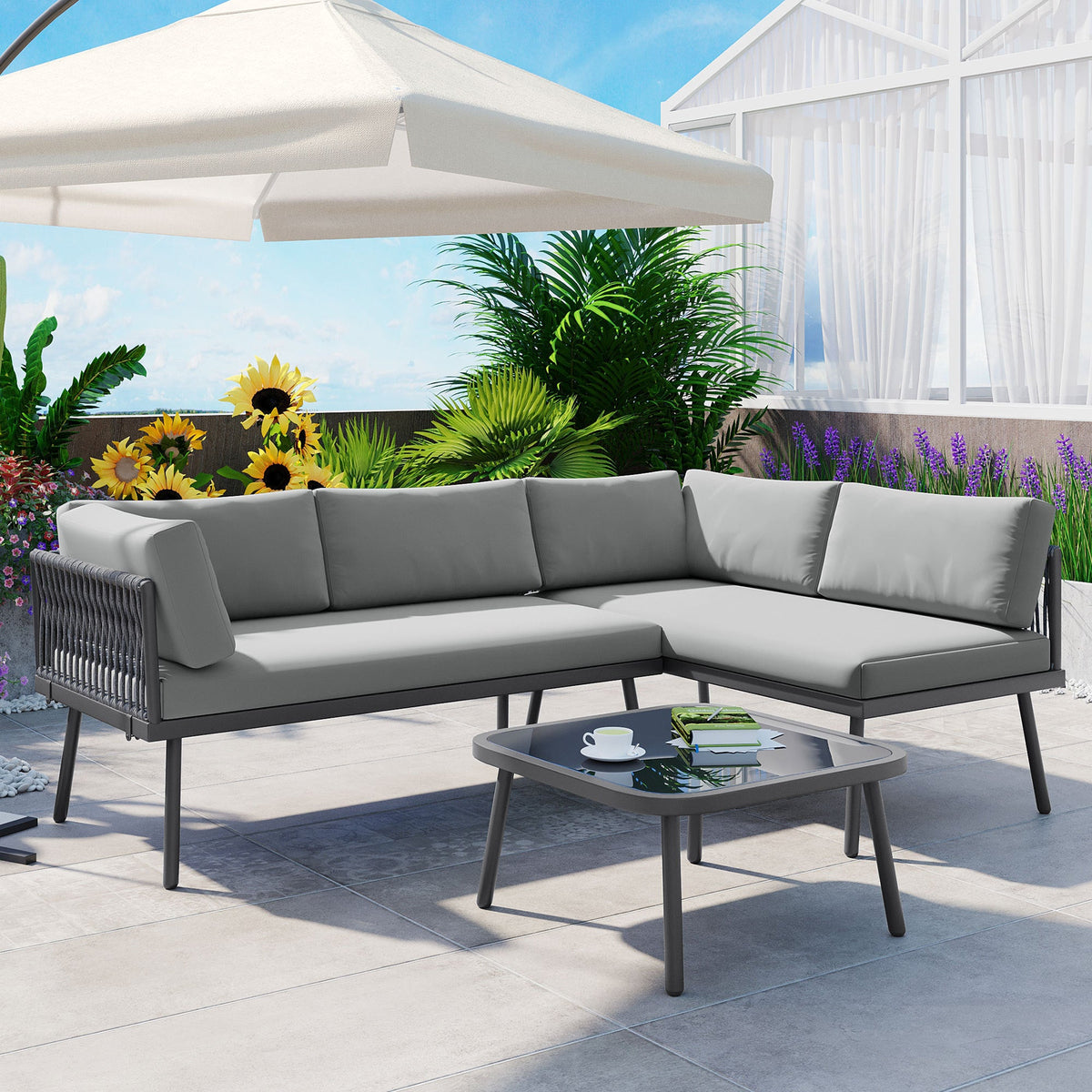 3-Piece PE Rattan Metal Sectional Furniture Set w/ Cushions and Glass Table