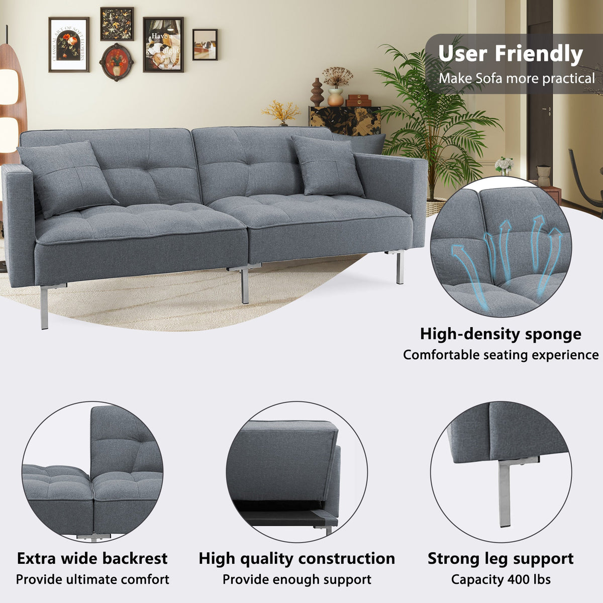 Linen Upholstered Modern Convertible Folding Futon Sofa Bed