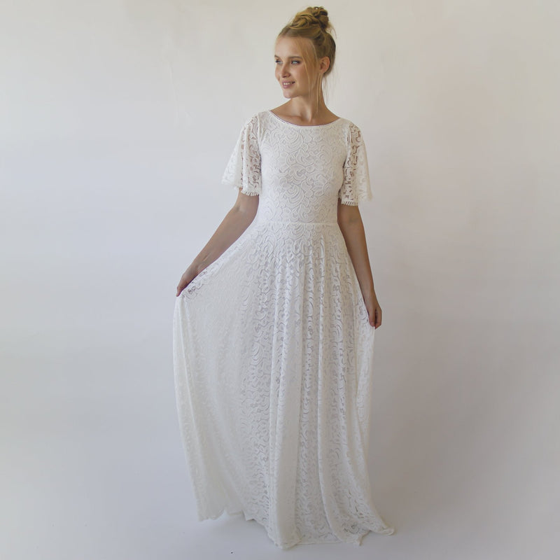 Bohemian Butterfly Sleeves, Modest Ivory Wedding Dress With Pockets #1318