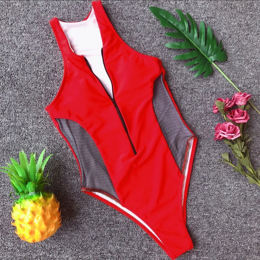 Baywatch Sport Zipper Mesh High Cut One Piece Swimsuit