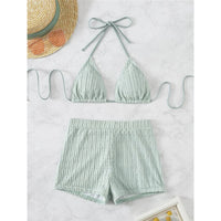 The Wave Set - Wrinkled String Halter & High Waist Shorts Swimwear