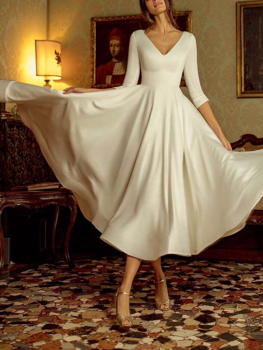 Marilyn - White Sleeveless and Long Sleeve Satin Knee Length Dress