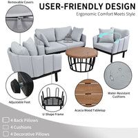 Luxury Modern 4-Piece Outdoor Iron Frame Patio Set w/ Acacia Wood Coffee Table