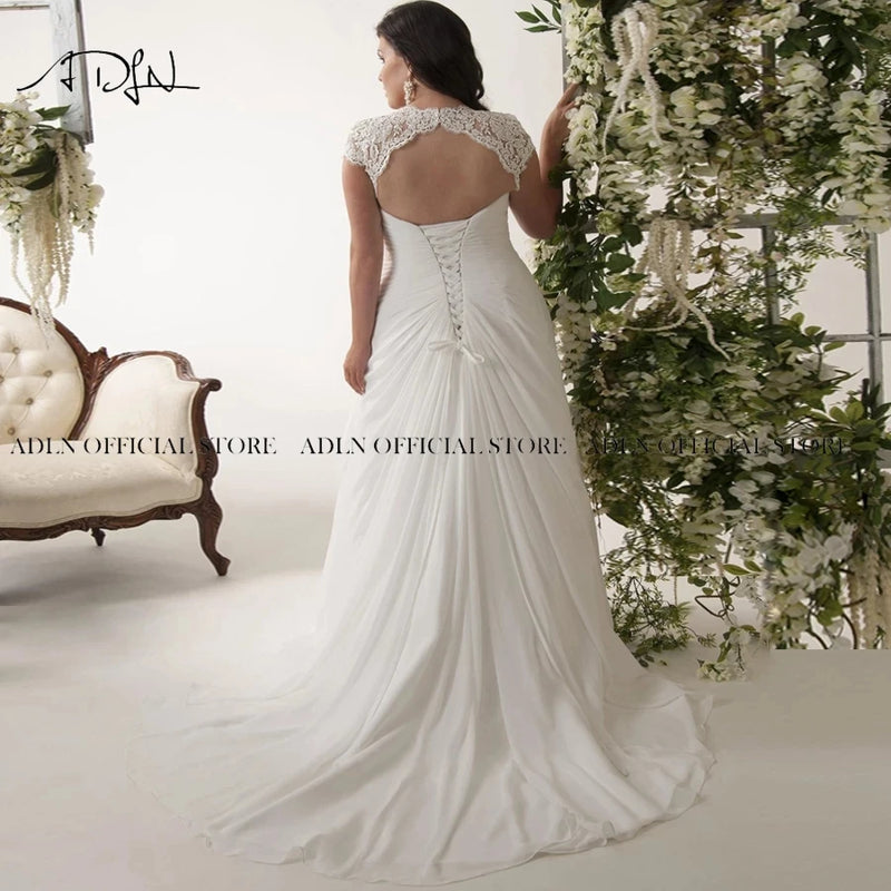 Elegant Plus Size Wedding Dresses V-Neck Cap Sleeves Sweep Train