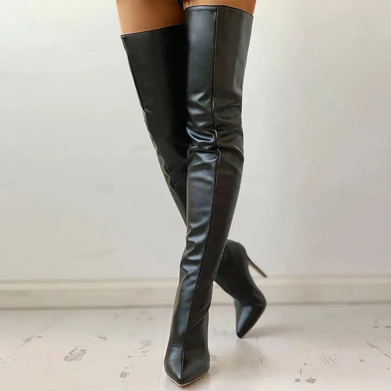 Split Back Over the Knee High Heel Leather Boots