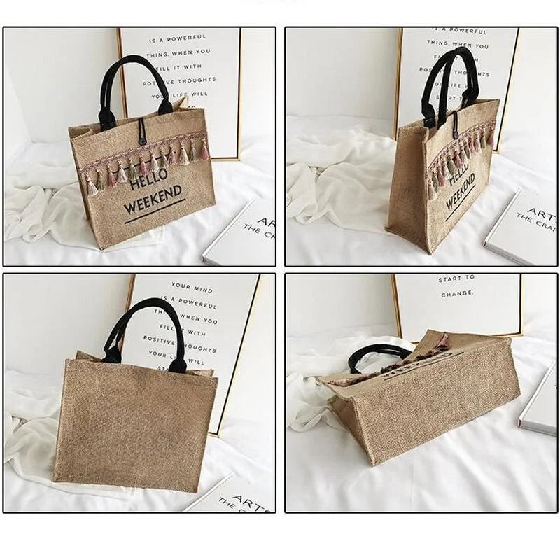 Summer Beach Large Capacity Tassel Shoulder Linen Totes