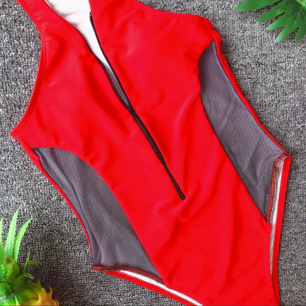 Baywatch Sport Zipper Mesh High Cut One Piece Swimsuit