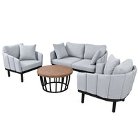 Luxury Modern 4-Piece Outdoor Iron Frame Patio Set w/ Acacia Wood Coffee Table