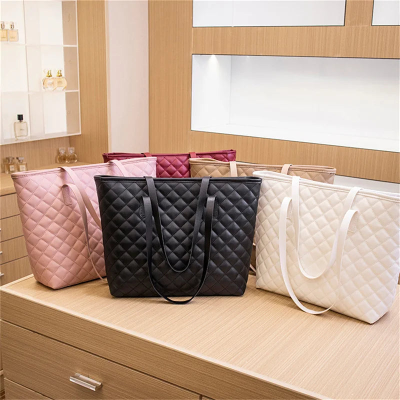 Women Rhombic Embroidery Handbag PU Leather Solid Color Fashion Tote Shoulder Bag