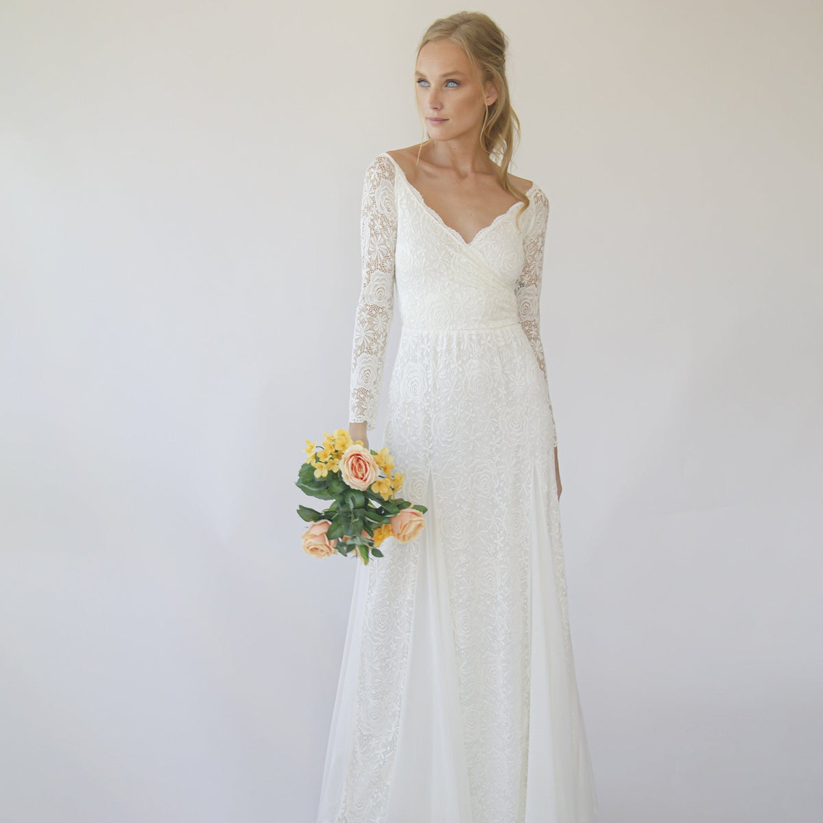 Simplistic Lace Edge, Ivory Off Shoulder Long Sleeve Mermaid Wedding Dress