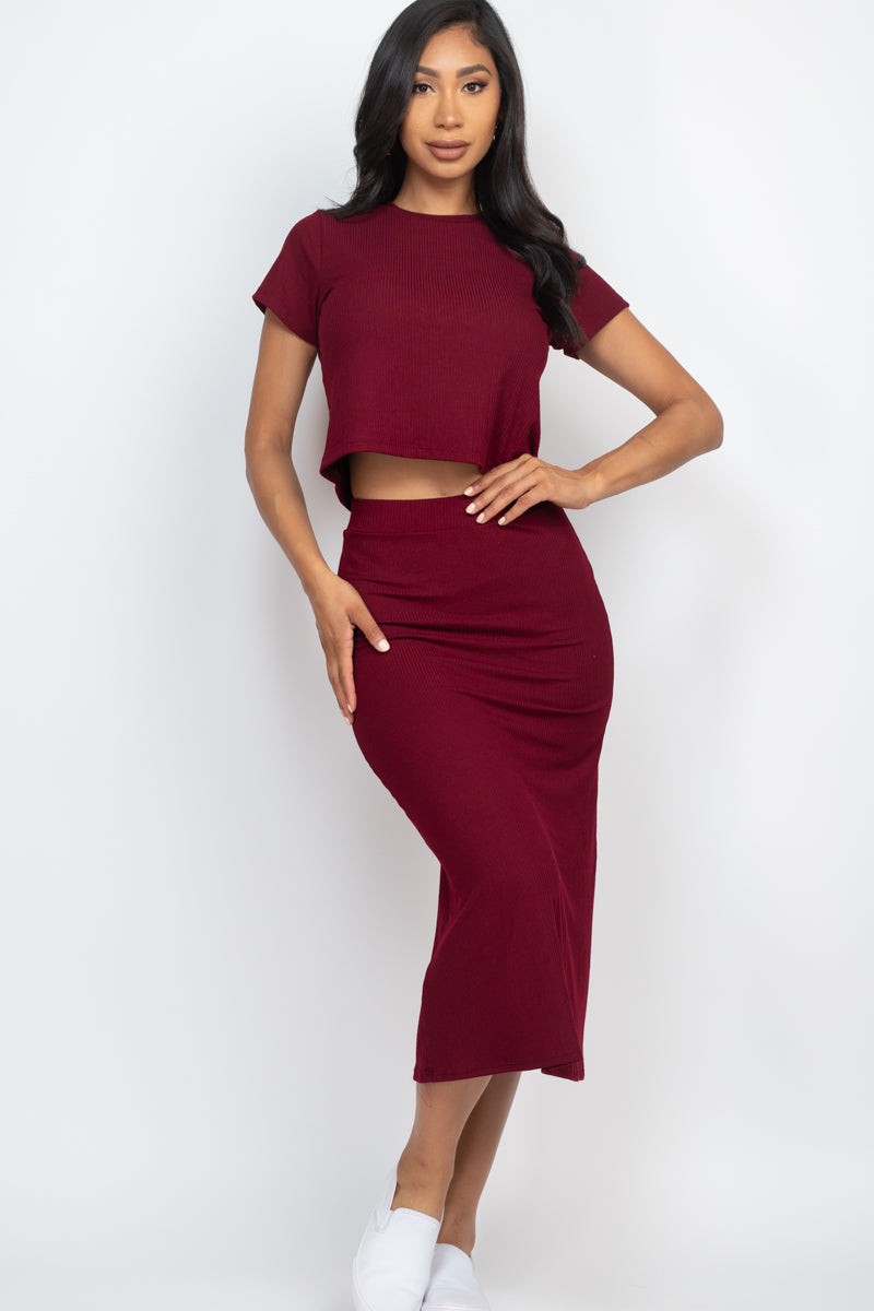 Short Sleeve Ribbed Top & Midi Skirt Set (CAPELLA) (Multiple Colors)