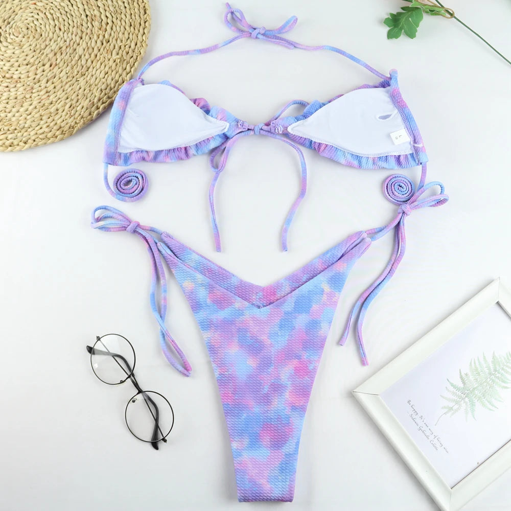 Tie Dye, Scrunch Top and High V Bottoms String Bikini