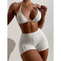 The Wave Set - Wrinkled String Halter & High Waist Shorts Swimwear