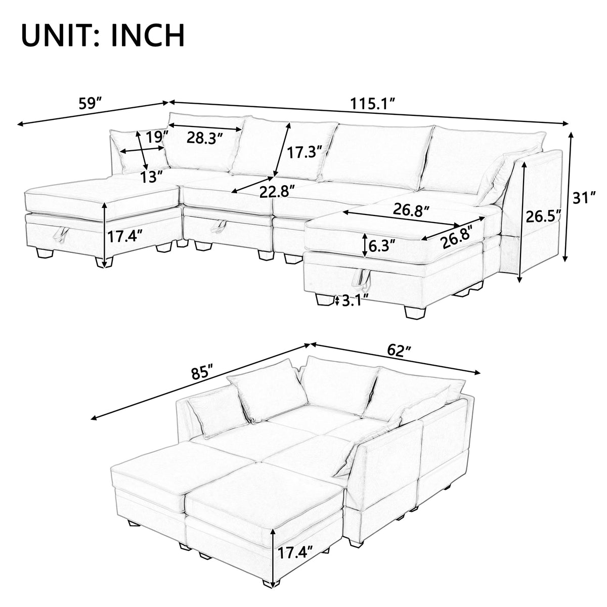 Modern Large U-Shape Modular Sectional Sofa w/ Reversible Chaise & Storage Seat