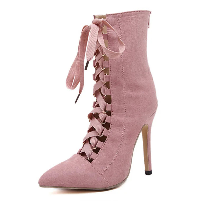 Velvet Lace-Up Zipper Stiletto Ankle Boots