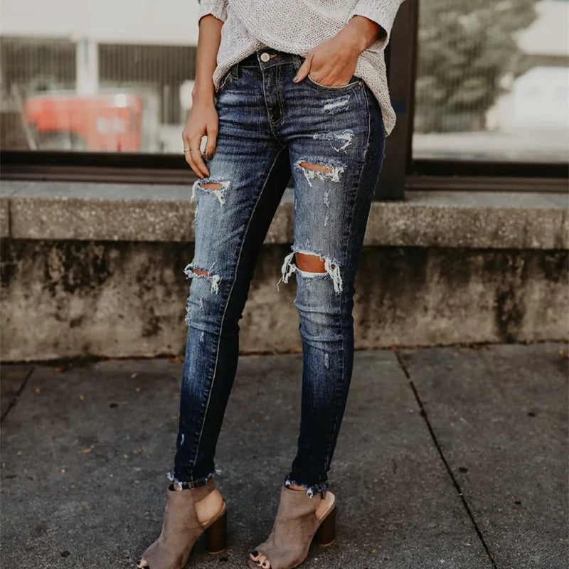 Boyfriend Hole Ripped Skinny Jeans Women