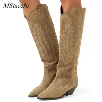 Suede Embroidered Knee High Boots in Nude & Black