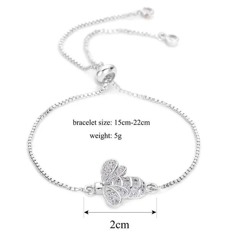 Cubic Zirconia Bee Charm on Gold Chain Crystal Adjustable Bracelet