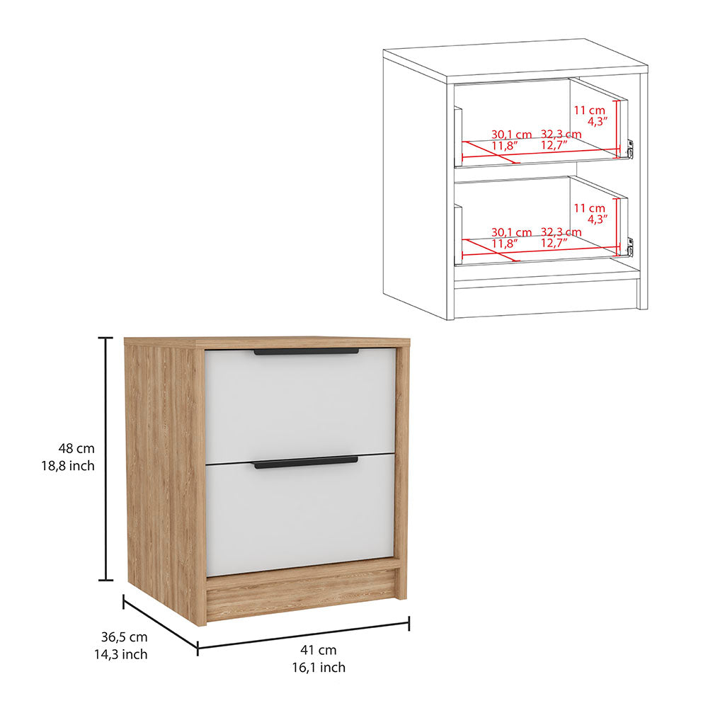 Nightstand Cervants, Two Drawers, Metal Handle - White / Pine