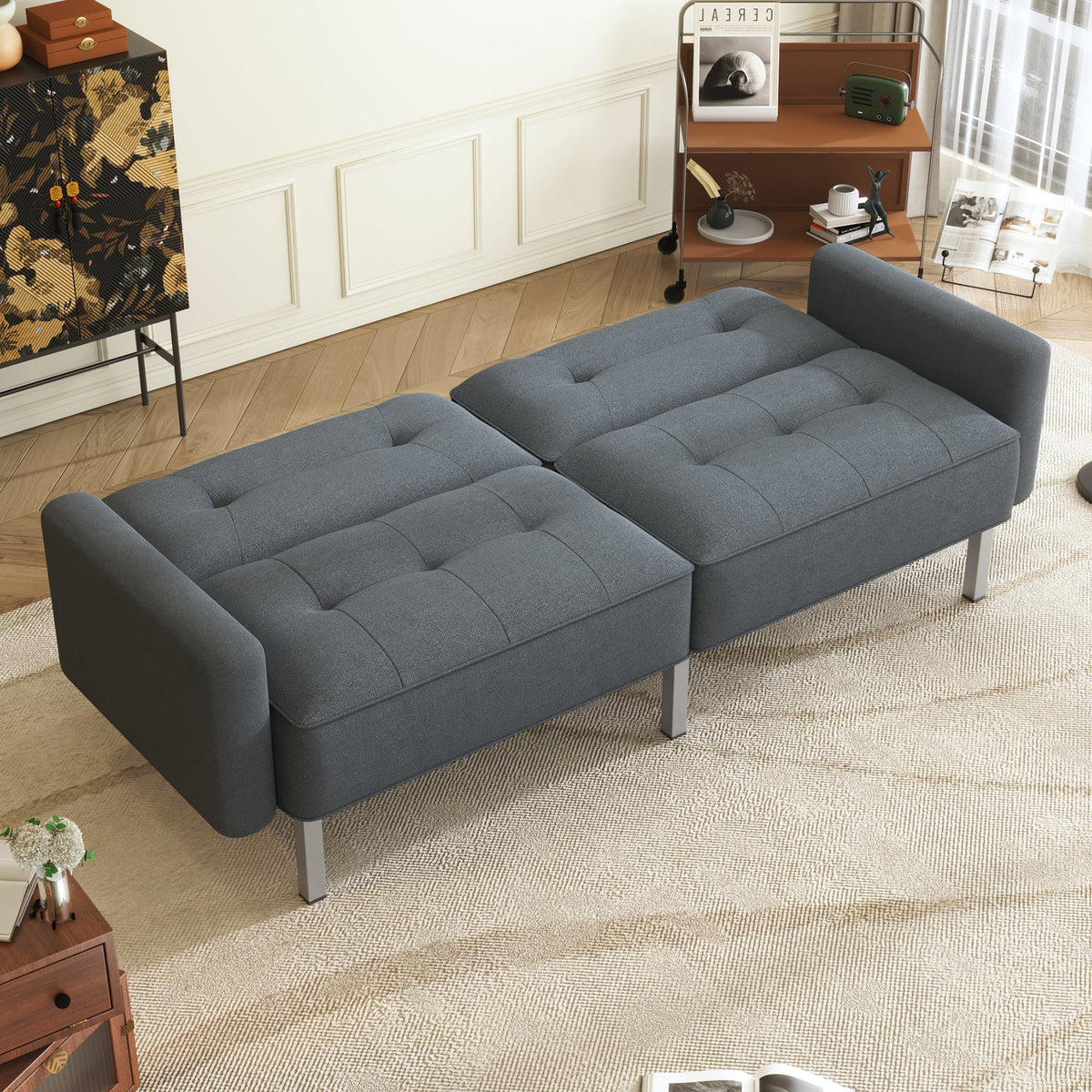 Linen Upholstered Modern Convertible Folding Futon Sofa Bed