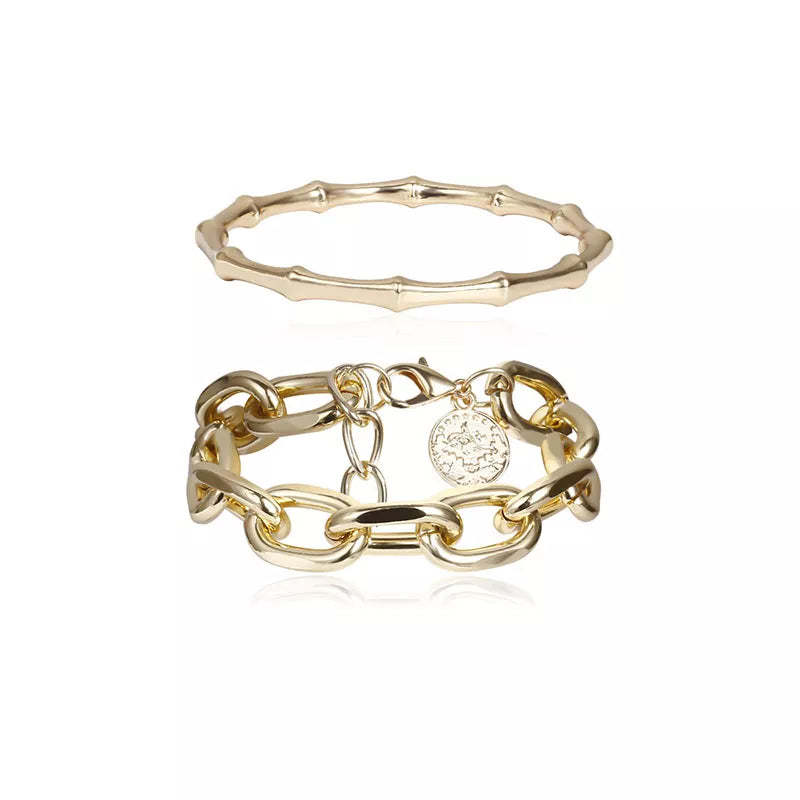 2/Pcs Set Gold Chain Link & Bamboo Bracelet Bangle