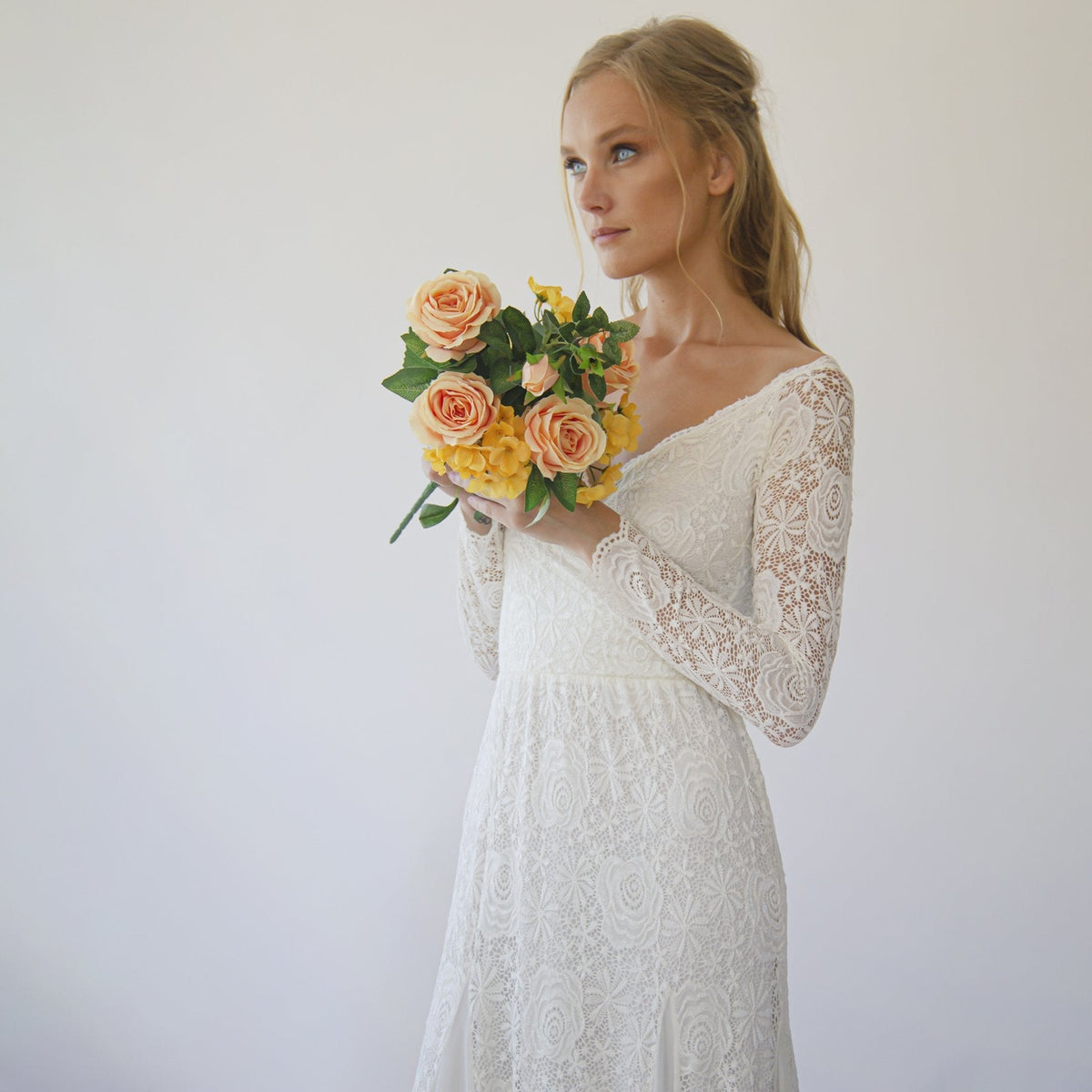 Simplistic Lace Edge, Ivory Off Shoulder Long Sleeve Mermaid Wedding Dress