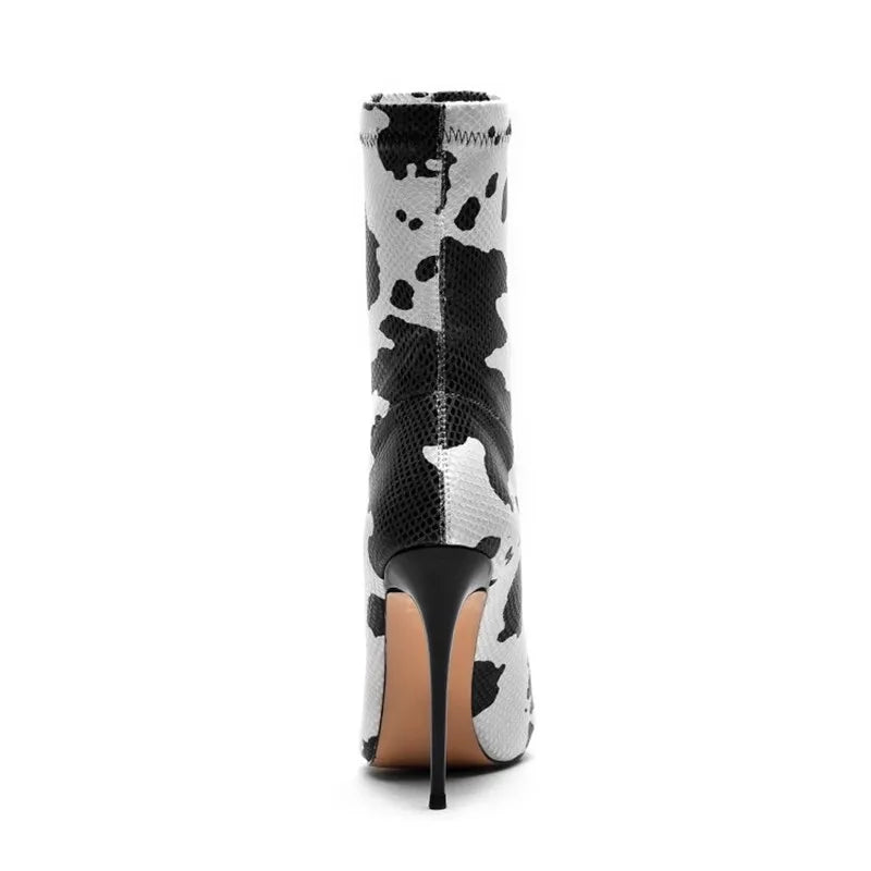 Black and White Cow or Newspaper Print Mid Calf Spike Heel Pointed Toe Short Boots