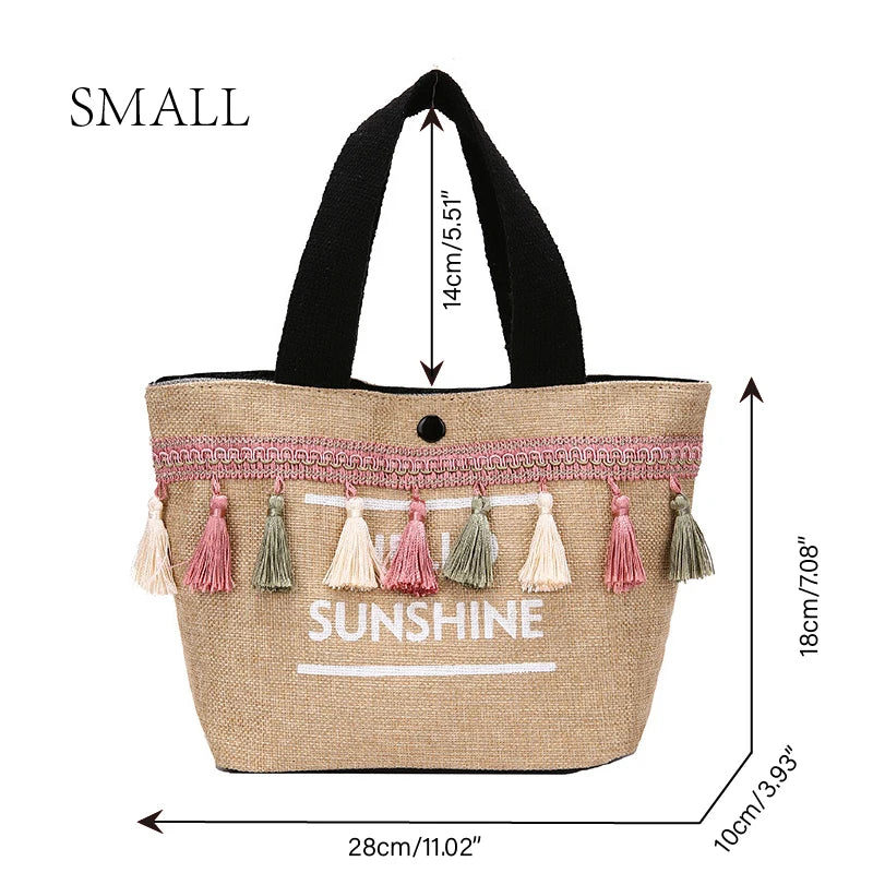 Summer Beach Large Capacity Tassel Shoulder Linen Totes