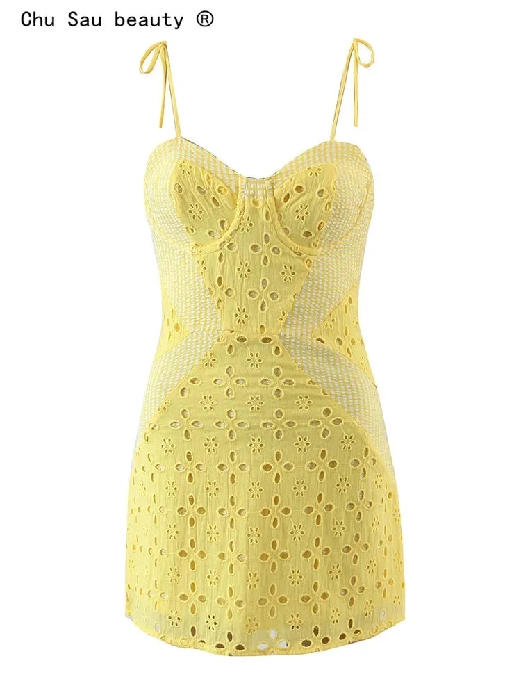 Sunshine Yellow Embroidery Mini Dress