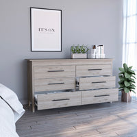 6 Drawer Double Dresser Wezz, Four Legs, Superior Top - Light Gray