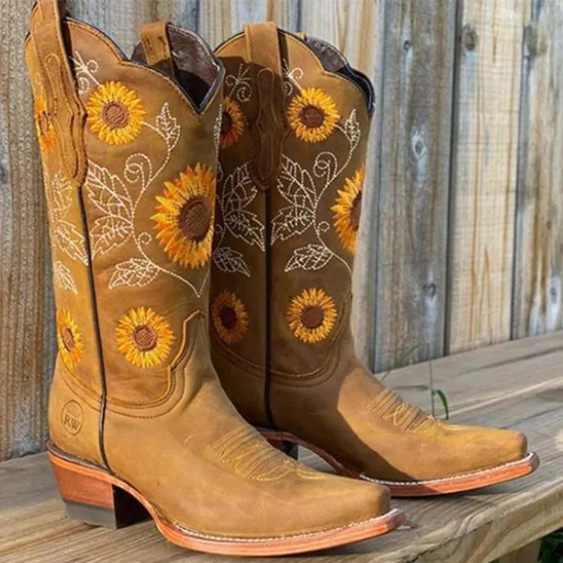 Stunning Embroidered Sunflower Cowboy Boots