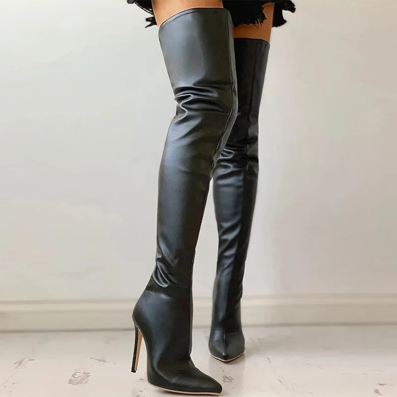 Split Back Over the Knee High Heel Leather Boots