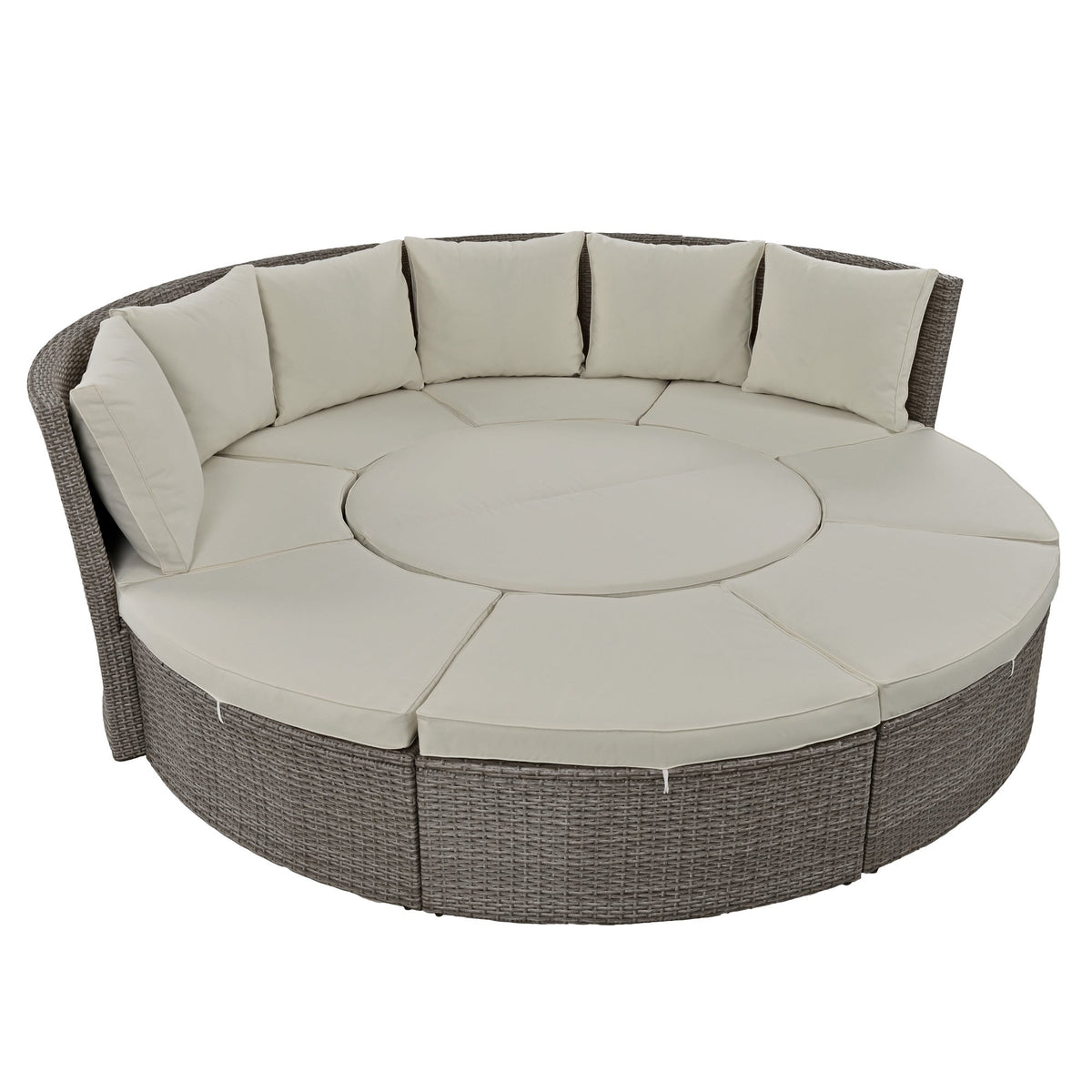 5-Piece Round Rattan Sectional Set All-Weather PE Wicker w/ Round Liftable Table