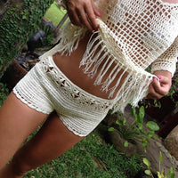 Crochet Cutout Summer Drawstring Cover-Up Shorts