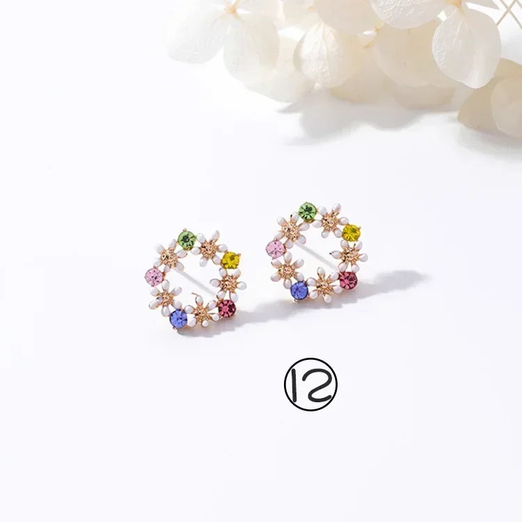 Fresh Cute Hook Drop Oil Flower Stud Crystal Earring