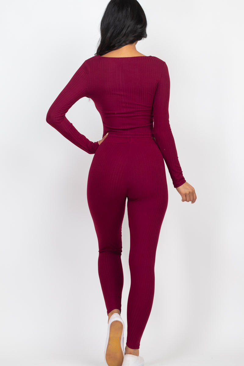 Ribbed Zip Front Long Sleeve Top & Leggings Set (CAPELLA)