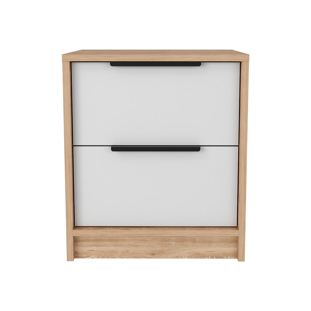 Nightstand Cervants, Two Drawers, Metal Handle - White / Pine